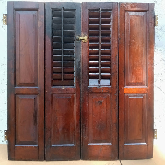 Antique Pair Reclaimed Salvaged Shutter SOLID Wood Wooden Interior Window Bi-fold Shutter 4 Raised Panels Country Rustic Décor -AS IS