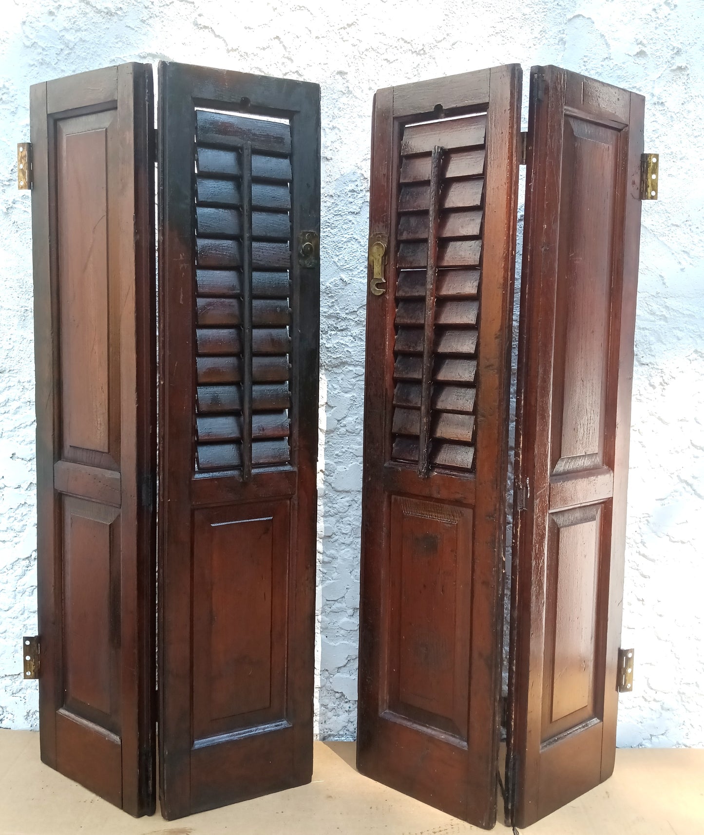 Antique Pair Reclaimed Salvaged Shutter SOLID Wood Wooden Interior Window Bi-fold Shutter 4 Raised Panels Country Rustic Décor -AS IS