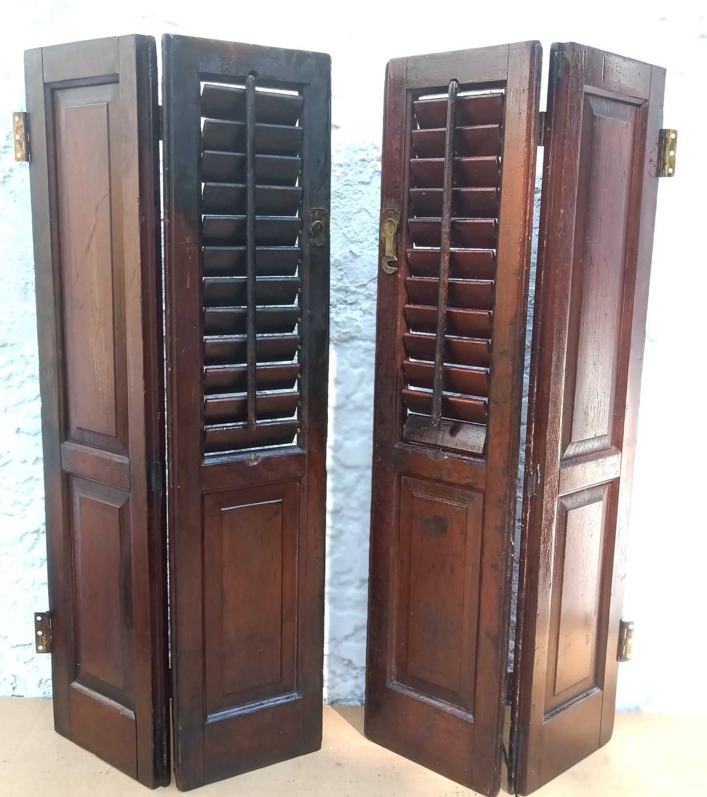 Antique Pair Reclaimed Salvaged Shutter SOLID Wood Wooden Interior Window Bi-fold Shutter 4 Raised Panels Country Rustic Décor -AS IS