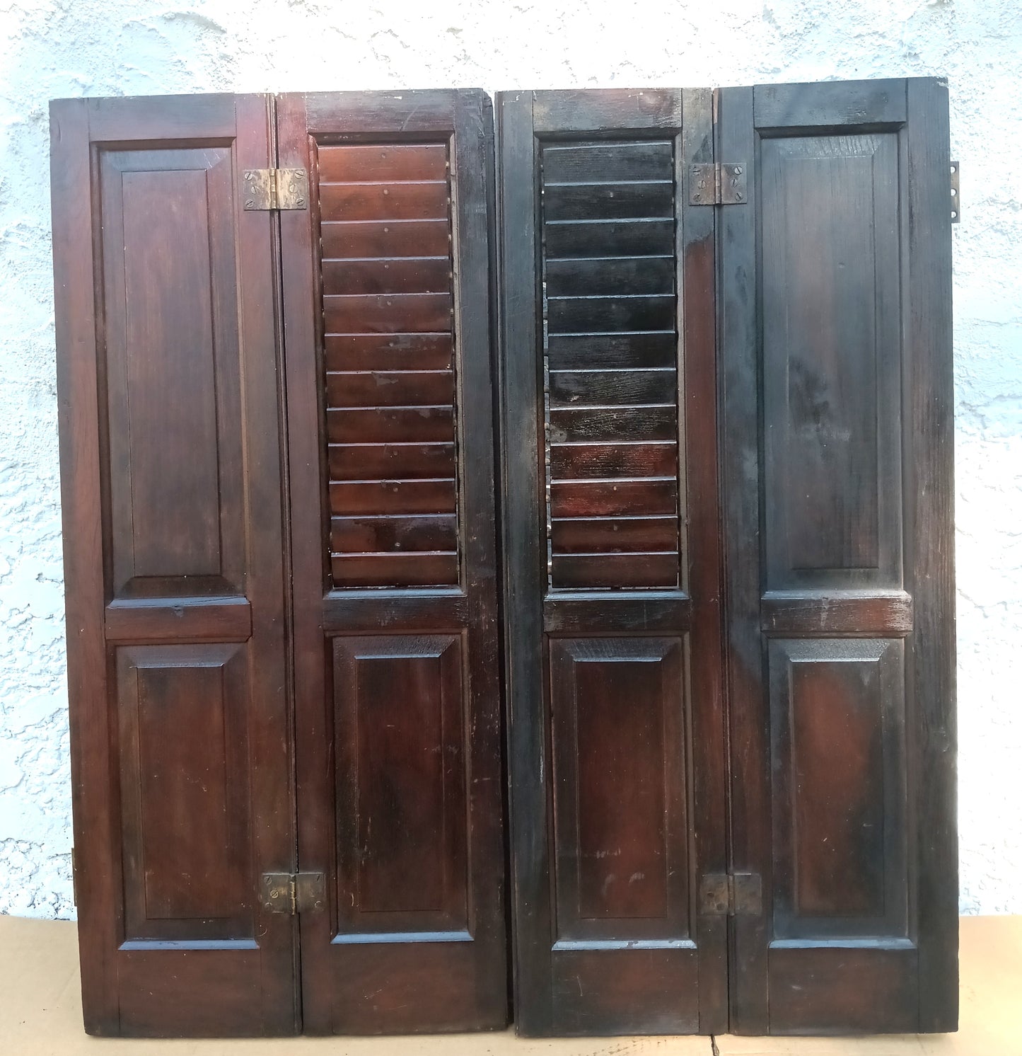 Antique Pair Reclaimed Salvaged Shutter SOLID Wood Wooden Interior Window Bi-fold Shutter 4 Raised Panels Country Rustic Décor -AS IS
