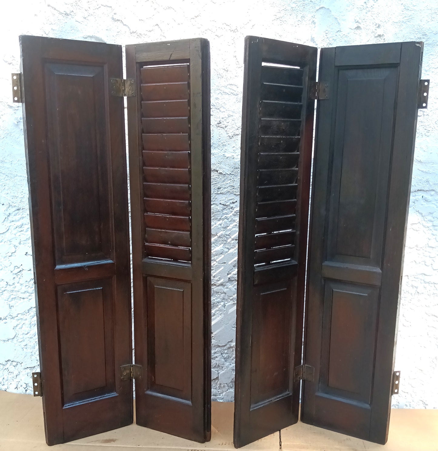 Antique Pair Reclaimed Salvaged Shutter SOLID Wood Wooden Interior Window Bi-fold Shutter 4 Raised Panels Country Rustic Décor -AS IS