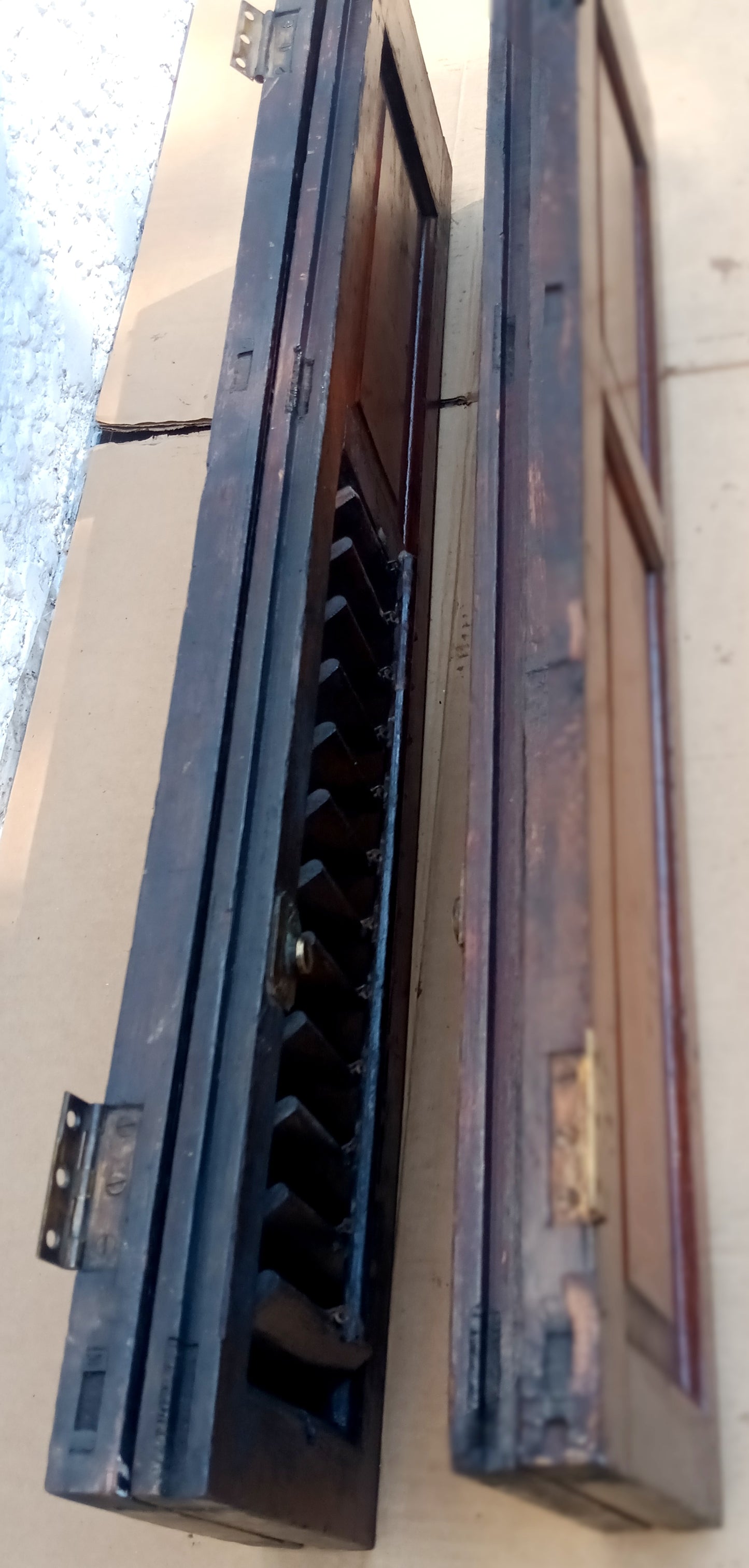 Antique Pair Reclaimed Salvaged Shutter SOLID Wood Wooden Interior Window Bi-fold Shutter 4 Raised Panels Country Rustic Décor -AS IS