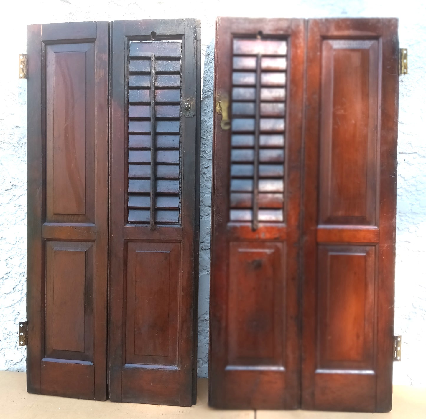 Antique Pair Reclaimed Salvaged Shutter SOLID Wood Wooden Interior Window Bi-fold Shutter 4 Raised Panels Country Rustic Décor -AS IS