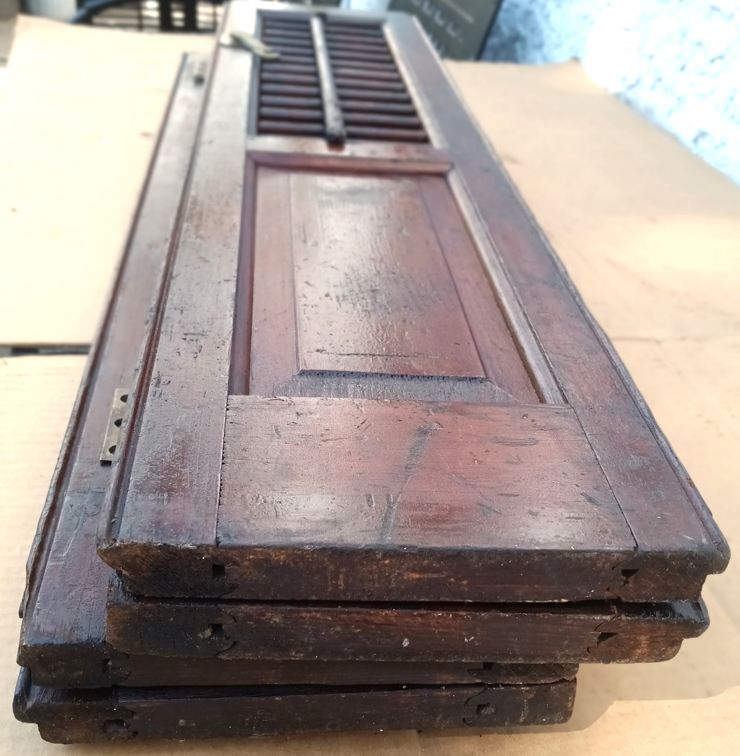 Antique Pair Reclaimed Salvaged Shutter SOLID Wood Wooden Interior Window Bi-fold Shutter 4 Raised Panels Country Rustic Décor -AS IS