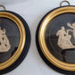 Pair Sungott Art Studios NY Neoclassical Bisque Porcelain Bas Relief Wall Plaques Wood Gilt Domed Glass Hollywood Regency