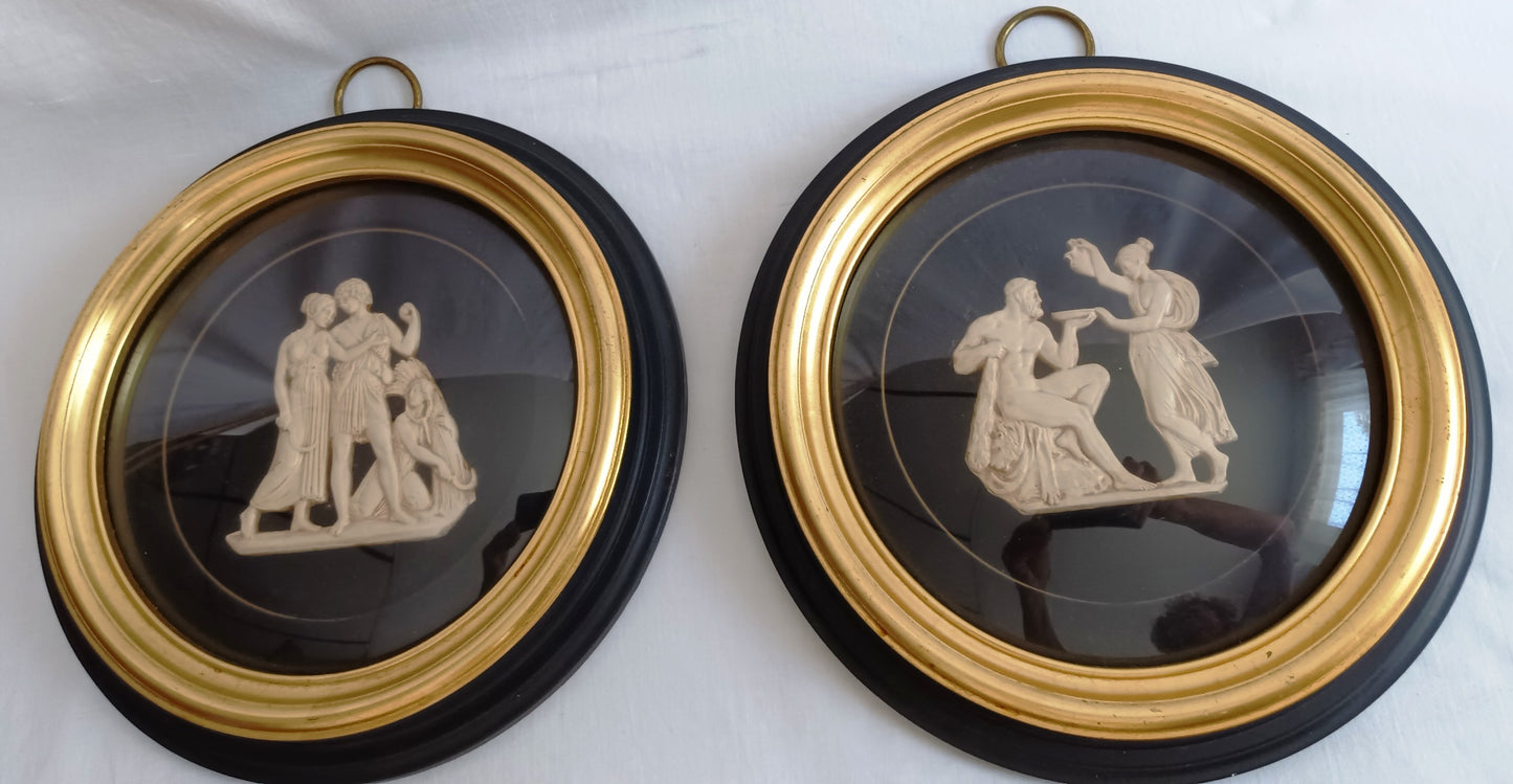 Pair Sungott Art Studios NY Neoclassical Bisque Porcelain Bas Relief Wall Plaques Wood Gilt Domed Glass Hollywood Regency