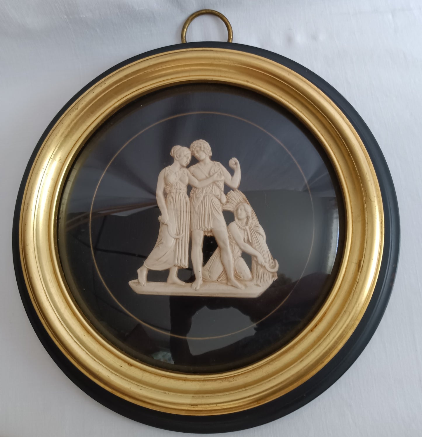 Pair Sungott Art Studios NY Neoclassical Bisque Porcelain Bas Relief Wall Plaques Wood Gilt Domed Glass Hollywood Regency