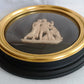 Pair Sungott Art Studios NY Neoclassical Bisque Porcelain Bas Relief Wall Plaques Wood Gilt Domed Glass Hollywood Regency