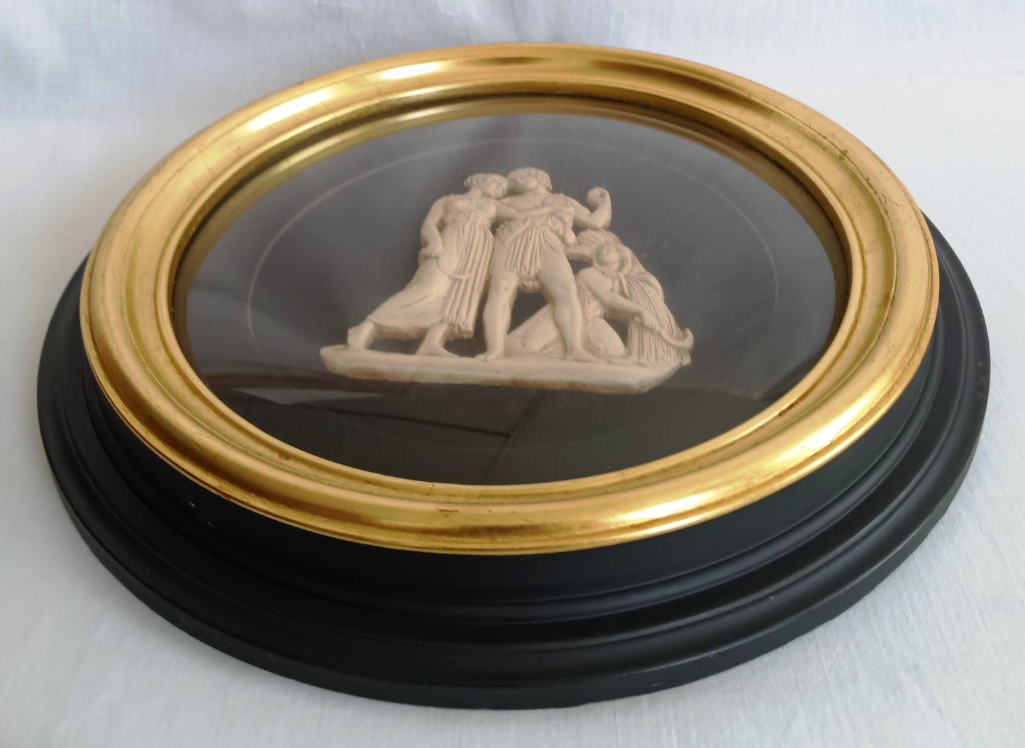 Pair Sungott Art Studios NY Neoclassical Bisque Porcelain Bas Relief Wall Plaques Wood Gilt Domed Glass Hollywood Regency