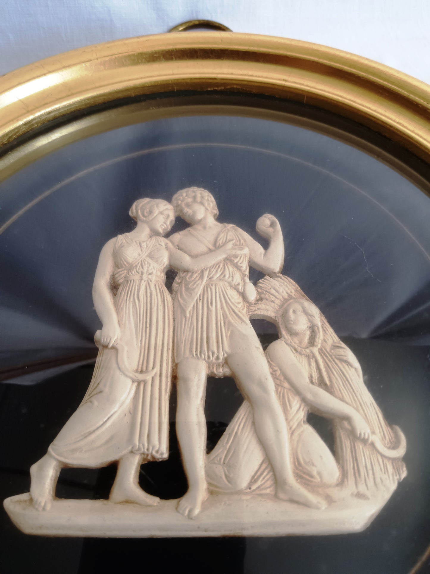 Pair Sungott Art Studios NY Neoclassical Bisque Porcelain Bas Relief Wall Plaques Wood Gilt Domed Glass Hollywood Regency