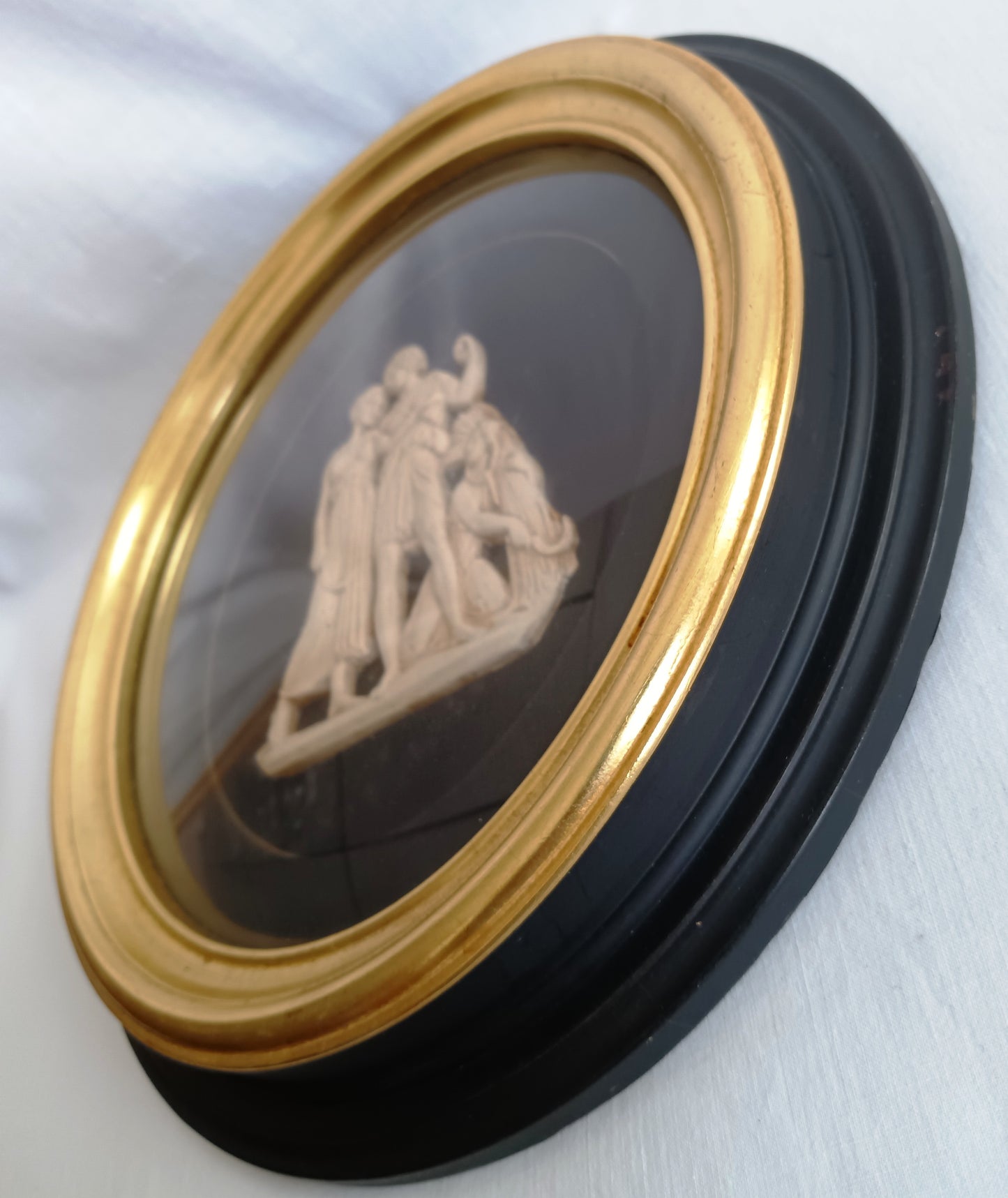 Pair Sungott Art Studios NY Neoclassical Bisque Porcelain Bas Relief Wall Plaques Wood Gilt Domed Glass Hollywood Regency