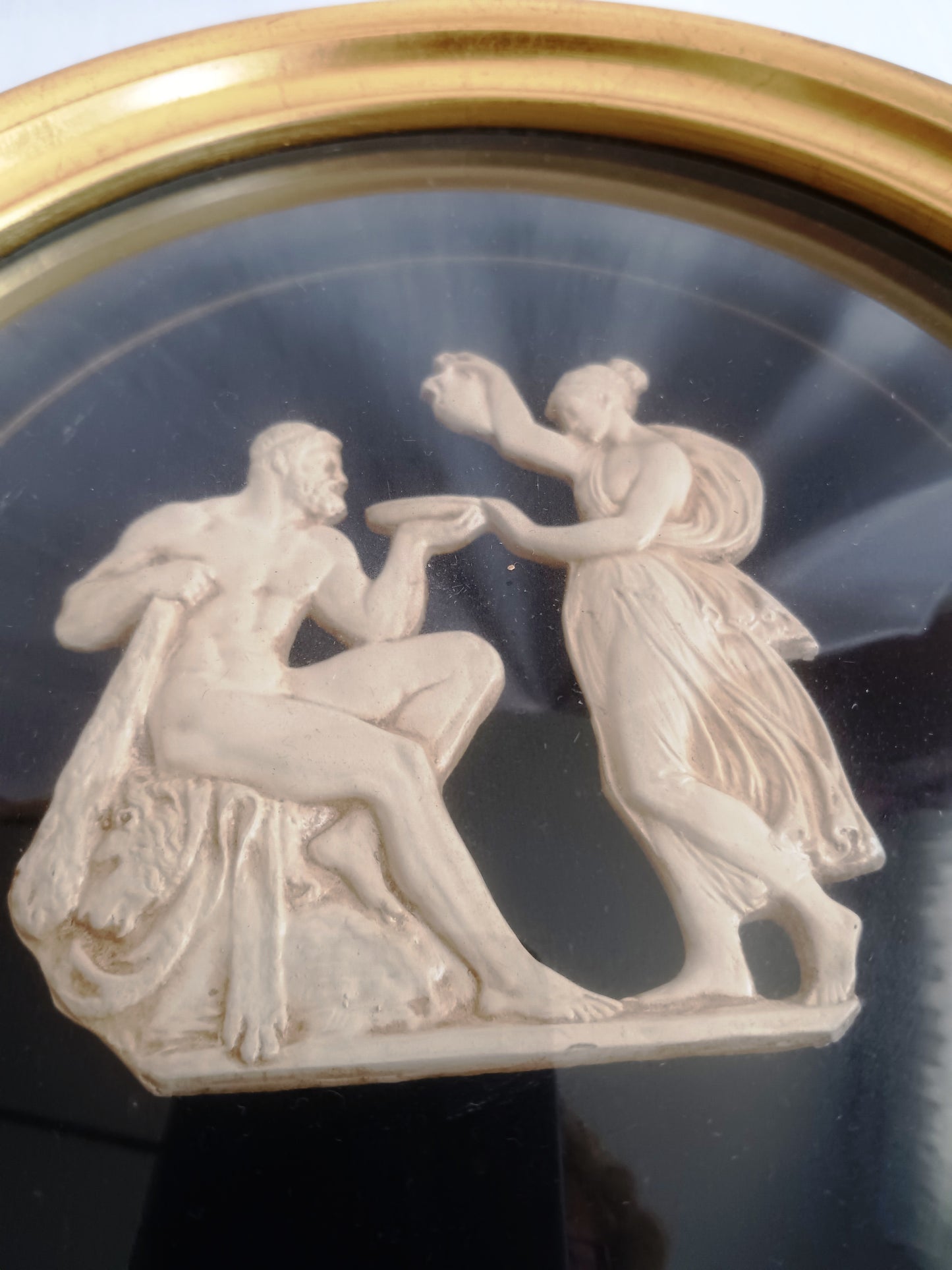 Pair Sungott Art Studios NY Neoclassical Bisque Porcelain Bas Relief Wall Plaques Wood Gilt Domed Glass Hollywood Regency