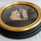 Pair Sungott Art Studios NY Neoclassical Bisque Porcelain Bas Relief Wall Plaques Wood Gilt Domed Glass Hollywood Regency
