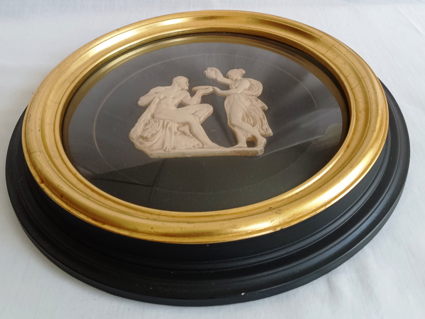 Pair Sungott Art Studios NY Neoclassical Bisque Porcelain Bas Relief Wall Plaques Wood Gilt Domed Glass Hollywood Regency