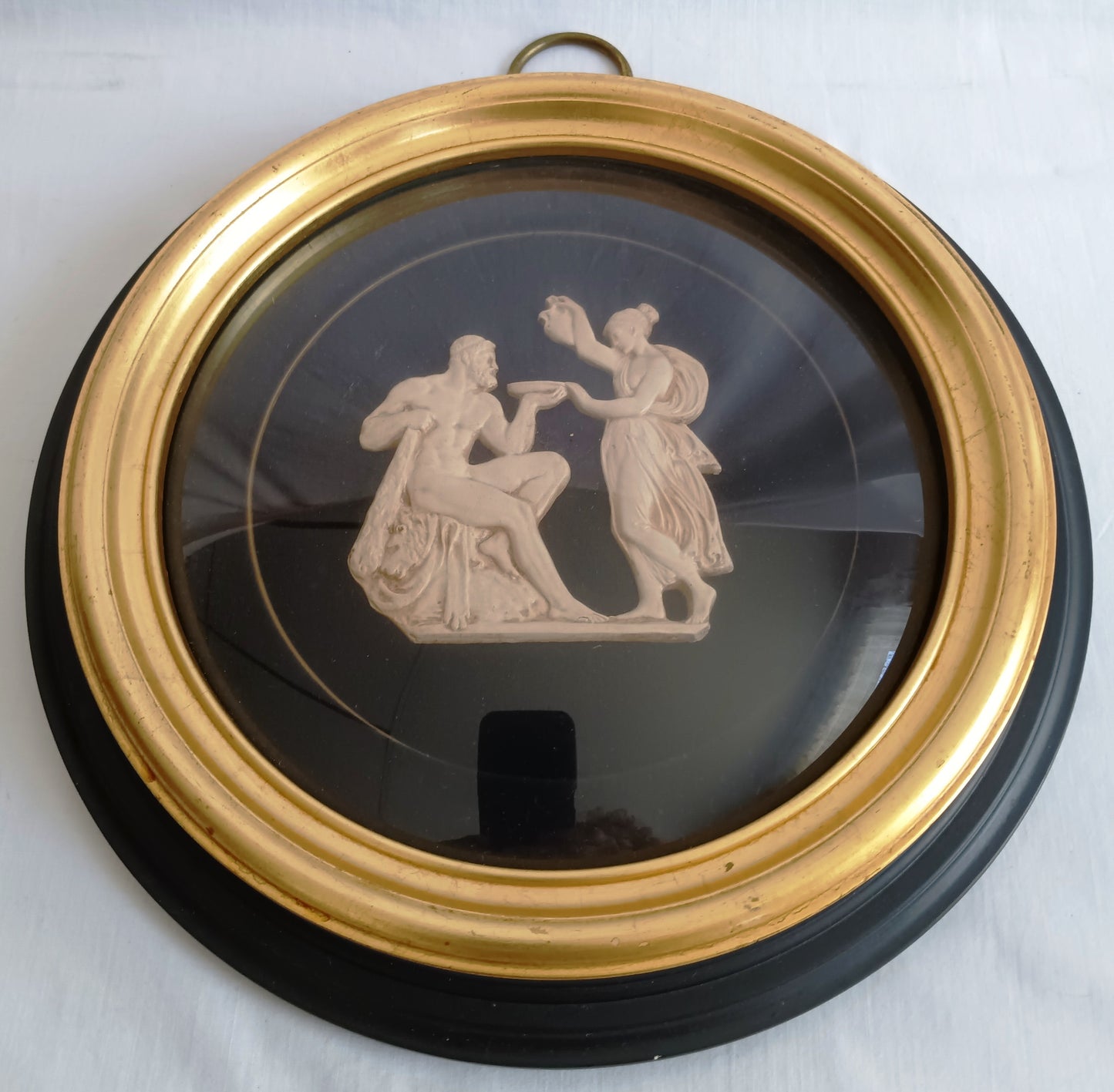 Pair Sungott Art Studios NY Neoclassical Bisque Porcelain Bas Relief Wall Plaques Wood Gilt Domed Glass Hollywood Regency