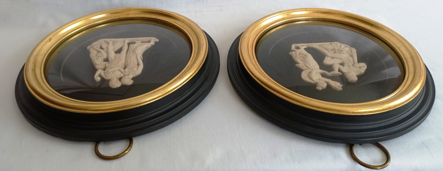 Pair Sungott Art Studios NY Neoclassical Bisque Porcelain Bas Relief Wall Plaques Wood Gilt Domed Glass Hollywood Regency