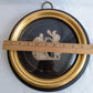 Pair Sungott Art Studios NY Neoclassical Bisque Porcelain Bas Relief Wall Plaques Wood Gilt Domed Glass Hollywood Regency
