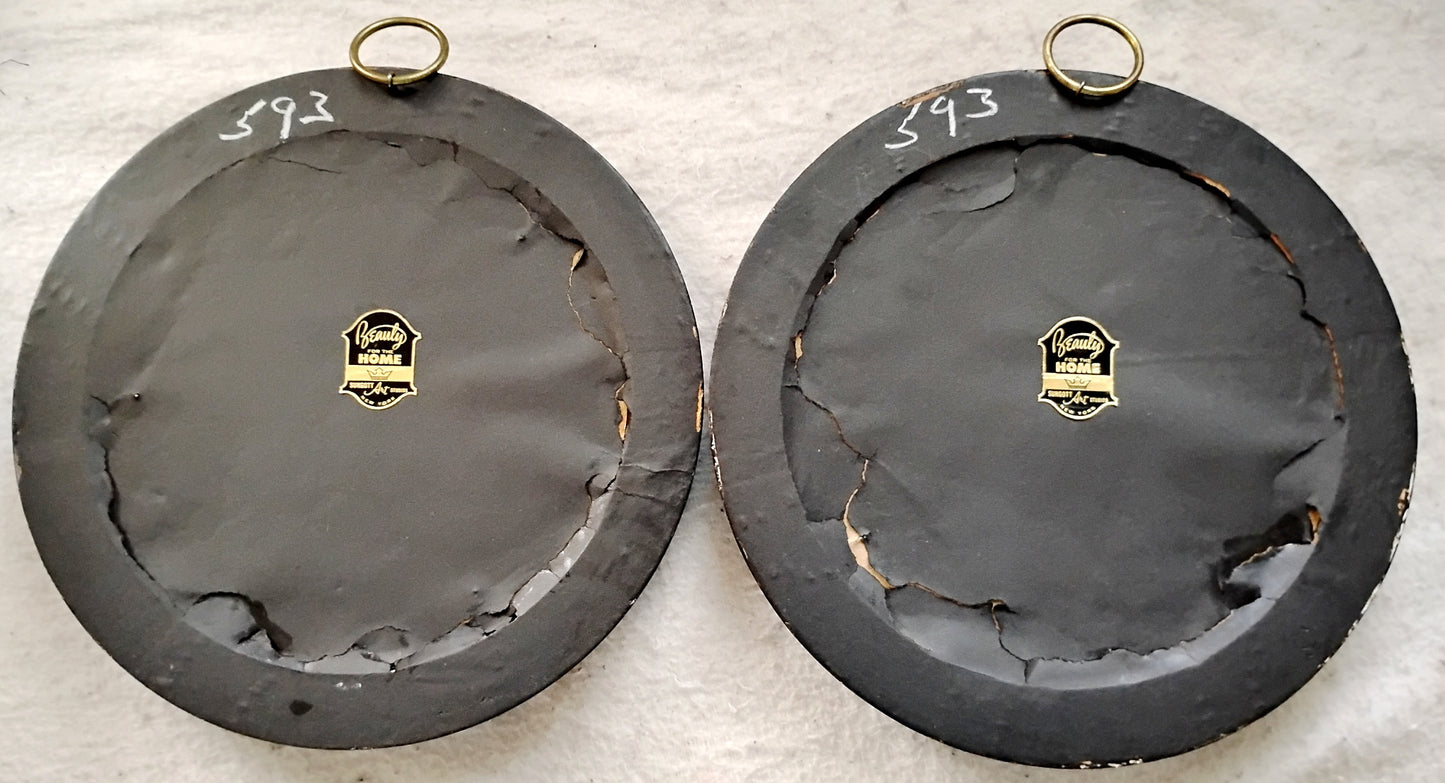 Pair Sungott Art Studios NY Neoclassical Bisque Porcelain Bas Relief Wall Plaques Wood Gilt Domed Glass Hollywood Regency