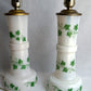 Vintage Pair MCM Milk Glass Table Lamps Transfer Print Green Ivy Leaves Design Brass Drum Shaped Paper Parchment Shades Retro Lighting