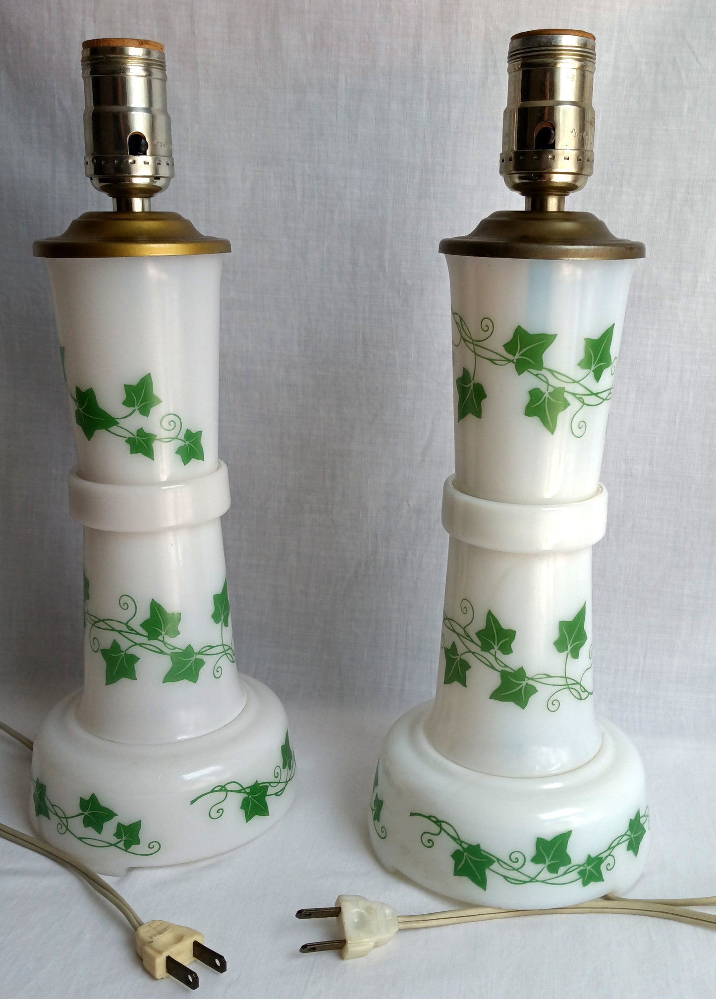 Vintage Pair MCM Milk Glass Table Lamps Transfer Print Green Ivy Leaves Design Brass Drum Shaped Paper Parchment Shades Retro Lighting