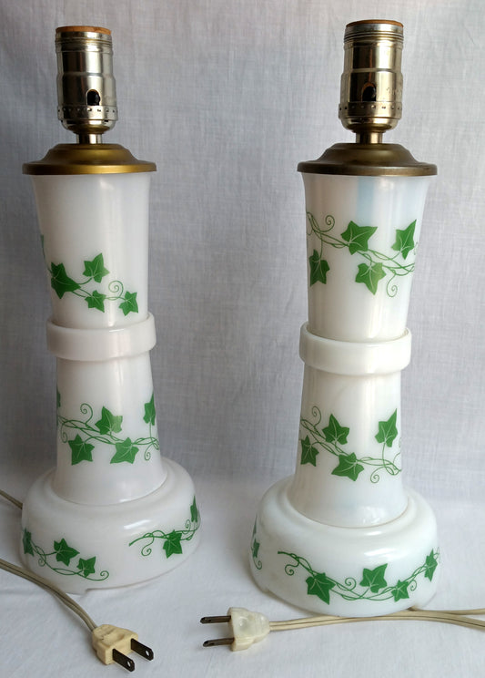 Vintage Pair MCM Milk Glass Table Lamps Transfer Print Green Ivy Leaves Design Brass Drum Shaped Paper Parchment Shades Retro Lighting