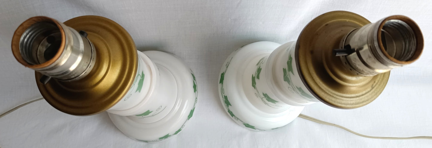 Vintage Pair MCM Milk Glass Table Lamps Transfer Print Green Ivy Leaves Design Brass Drum Shaped Paper Parchment Shades Retro Lighting