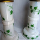 Vintage Pair MCM Milk Glass Table Lamps Transfer Print Green Ivy Leaves Design Brass Drum Shaped Paper Parchment Shades Retro Lighting