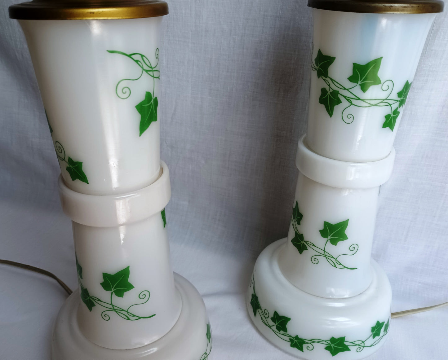 Vintage Pair MCM Milk Glass Table Lamps Transfer Print Green Ivy Leaves Design Brass Drum Shaped Paper Parchment Shades Retro Lighting
