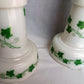 Vintage Pair MCM Milk Glass Table Lamps Transfer Print Green Ivy Leaves Design Brass Drum Shaped Paper Parchment Shades Retro Lighting