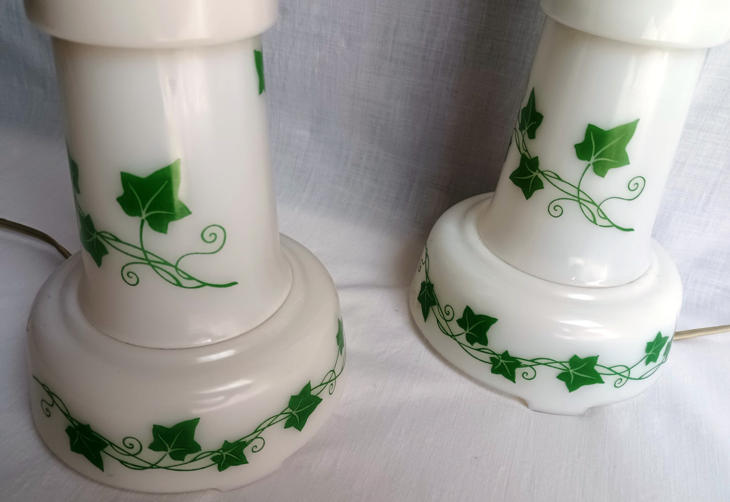 Vintage Pair MCM Milk Glass Table Lamps Transfer Print Green Ivy Leaves Design Brass Drum Shaped Paper Parchment Shades Retro Lighting
