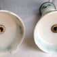 Vintage Pair MCM Milk Glass Table Lamps Transfer Print Green Ivy Leaves Design Brass Drum Shaped Paper Parchment Shades Retro Lighting