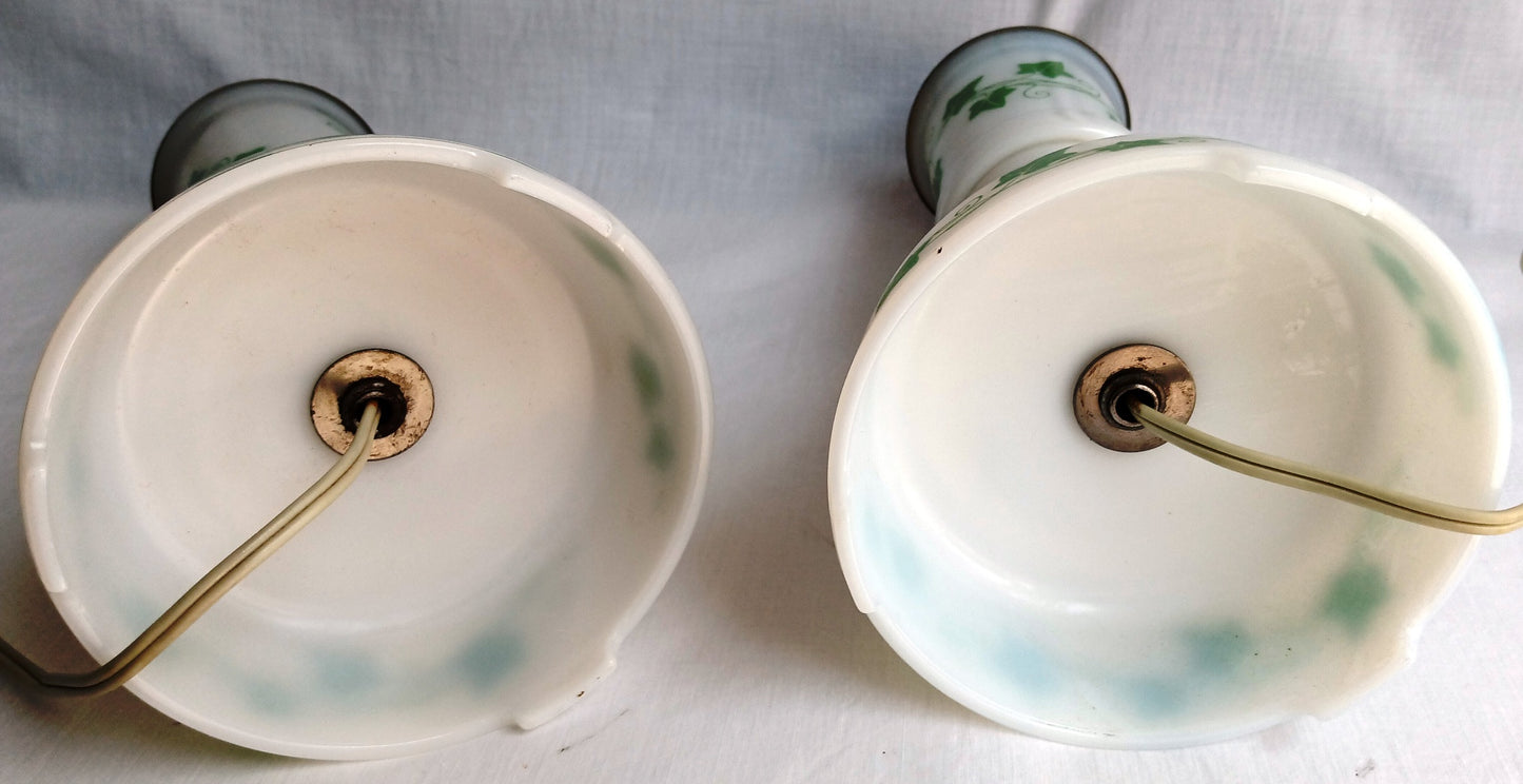 Vintage Pair MCM Milk Glass Table Lamps Transfer Print Green Ivy Leaves Design Brass Drum Shaped Paper Parchment Shades Retro Lighting