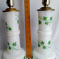 Vintage Pair MCM Milk Glass Table Lamps Transfer Print Green Ivy Leaves Design Brass Drum Shaped Paper Parchment Shades Retro Lighting