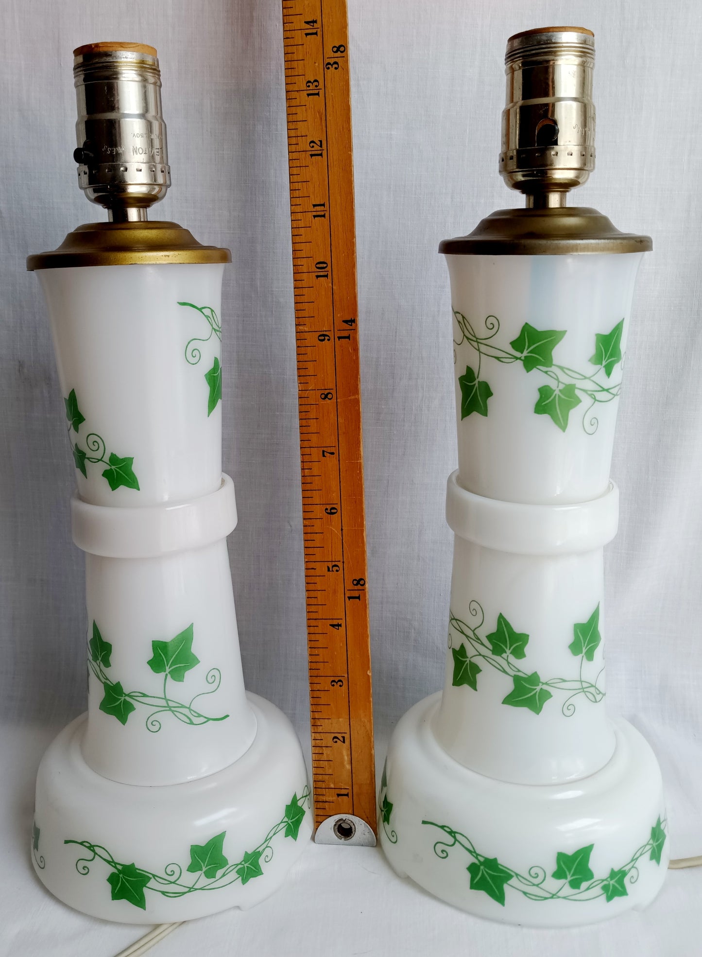 Vintage Pair MCM Milk Glass Table Lamps Transfer Print Green Ivy Leaves Design Brass Drum Shaped Paper Parchment Shades Retro Lighting