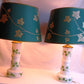 Vintage Pair MCM Milk Glass Table Lamps Transfer Print Green Ivy Leaves Design Brass Drum Shaped Paper Parchment Shades Retro Lighting