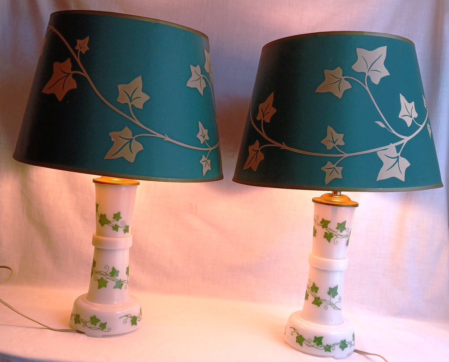 Vintage Pair MCM Milk Glass Table Lamps Transfer Print Green Ivy Leaves Design Brass Drum Shaped Paper Parchment Shades Retro Lighting