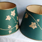 Vintage Pair MCM Milk Glass Table Lamps Transfer Print Green Ivy Leaves Design Brass Drum Shaped Paper Parchment Shades Retro Lighting