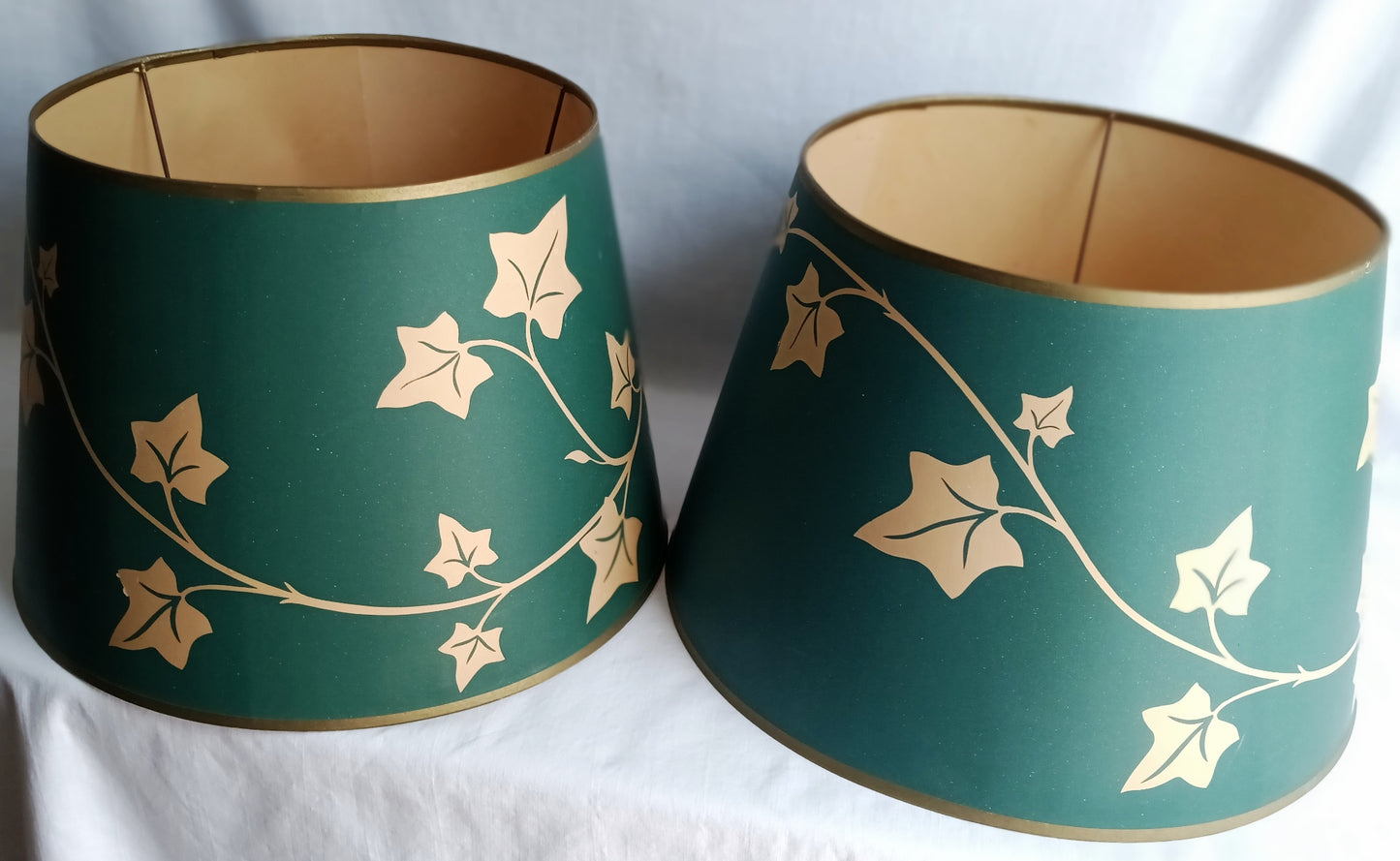 Vintage Pair MCM Milk Glass Table Lamps Transfer Print Green Ivy Leaves Design Brass Drum Shaped Paper Parchment Shades Retro Lighting