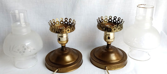 Vintage Pair MCM Electric Hurricane Table Lamps Frosted Clear Glass Globe Etched Grape Leaf Design Brass Finish Metal Retro Lighting