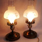 Vintage Pair MCM Electric Hurricane Table Lamps Frosted Clear Glass Globe Etched Grape Leaf Design Brass Finish Metal Retro Lighting