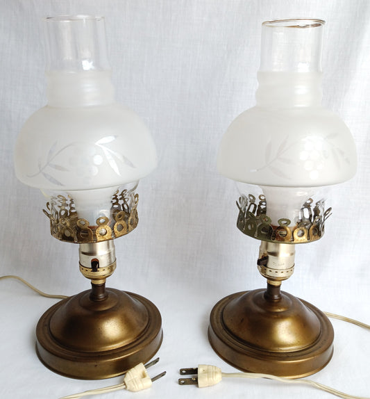 Vintage Pair MCM Electric Hurricane Table Lamps Frosted Clear Glass Globe Etched Grape Leaf Design Brass Finish Metal Retro Lighting