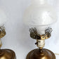 Vintage Pair MCM Electric Hurricane Table Lamps Frosted Clear Glass Globe Etched Grape Leaf Design Brass Finish Metal Retro Lighting