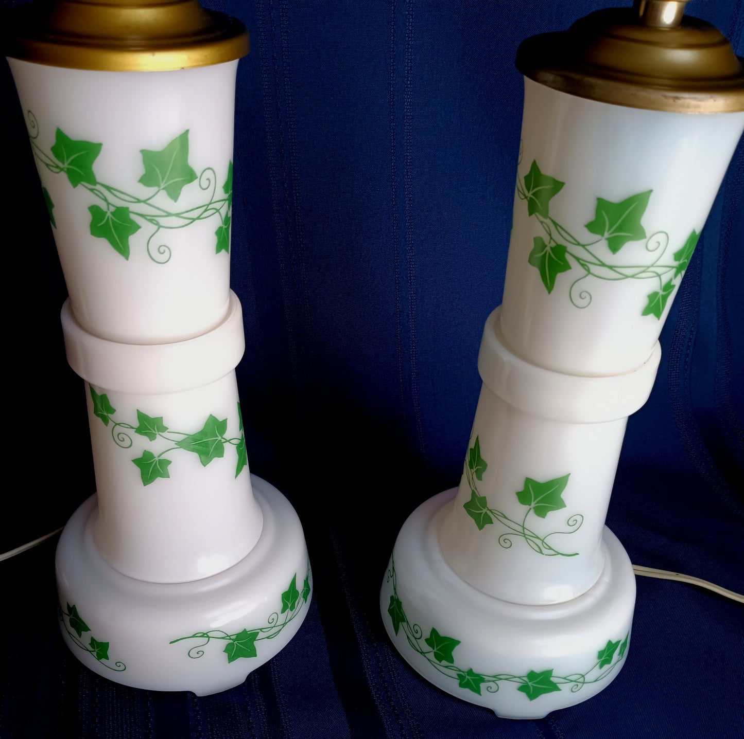 Vintage Pair MCM Milk Glass Table Lamps Transfer Print Green Ivy Leaves Design Brass Drum Shaped Paper Parchment Shades Retro Lighting
