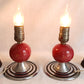 Vintage Set of 2 MCM Space Age Atomic Style Accent Mini Table Lamps Red Orb Ceramic Chrome Finish Base Fabric Lampshade Retro Lighting