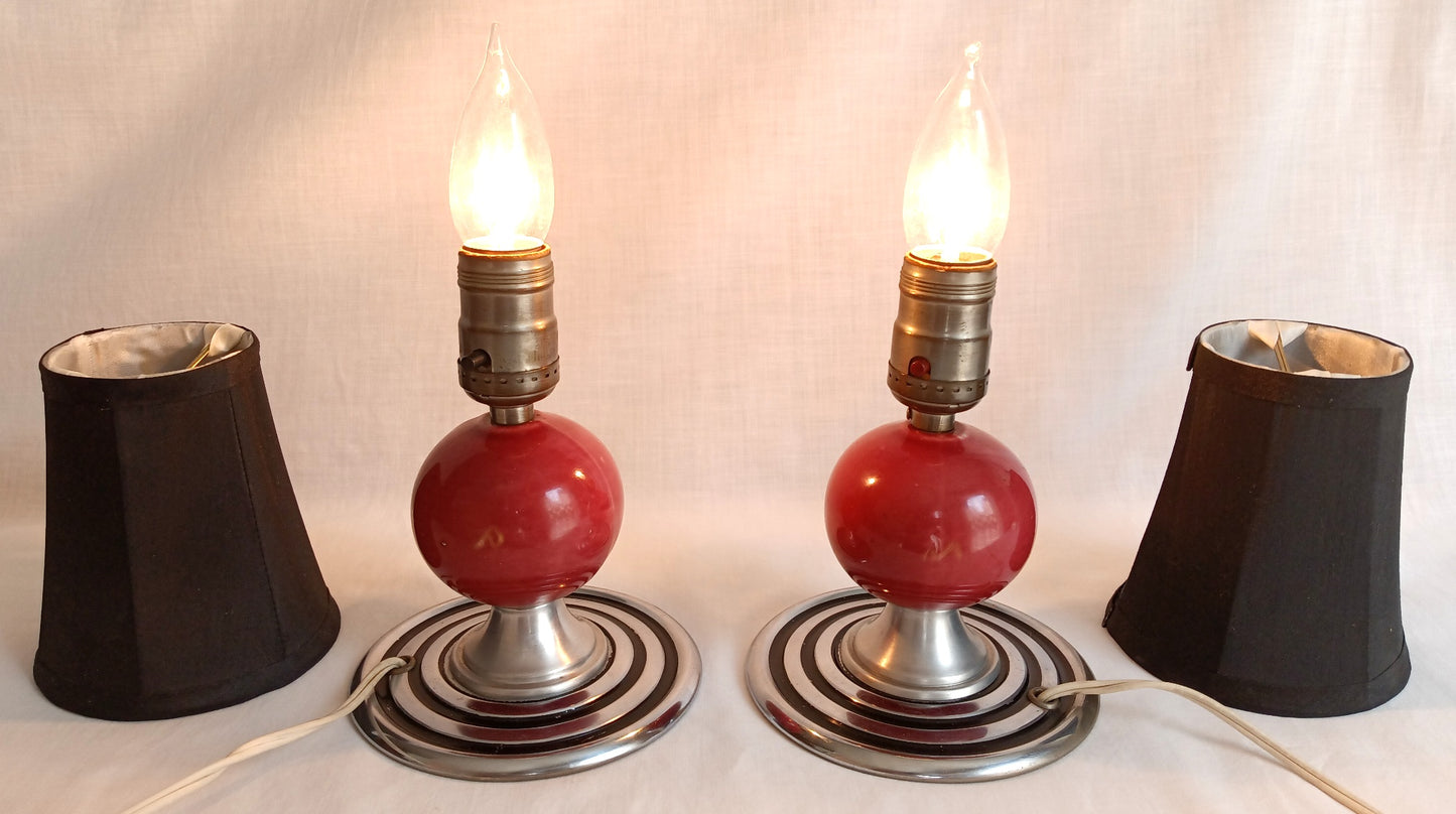 Vintage Set of 2 MCM Space Age Atomic Style Accent Mini Table Lamps Red Orb Ceramic Chrome Finish Base Fabric Lampshade Retro Lighting