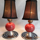 Vintage Set of 2 MCM Space Age Atomic Style Accent Mini Table Lamps Red Orb Ceramic Chrome Finish Base Fabric Lampshade Retro Lighting