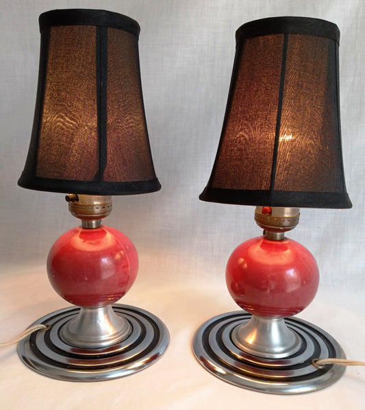Vintage Set of 2 MCM Space Age Atomic Style Accent Mini Table Lamps Red Orb Ceramic Chrome Finish Base Fabric Lampshade Retro Lighting
