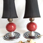 Vintage Set of 2 MCM Space Age Atomic Style Accent Mini Table Lamps Red Orb Ceramic Chrome Finish Base Fabric Lampshade Retro Lighting