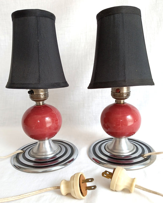 Vintage Set of 2 MCM Space Age Atomic Style Accent Mini Table Lamps Red Orb Ceramic Chrome Finish Base Fabric Lampshade Retro Lighting