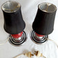 Vintage Set of 2 MCM Space Age Atomic Style Accent Mini Table Lamps Red Orb Ceramic Chrome Finish Base Fabric Lampshade Retro Lighting